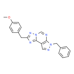 ChemSpider 2D Image | 7-Benzyl-2-(4-methoxybenzyl)-7H-pyrazolo[4,3-e][1,2,4]triazolo[1,5-c]pyrimidine | C21H18N6O