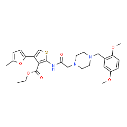 ChemSpider 2D Image | Ethyl 2-({[4-(2,5-dimethoxybenzyl)-1-piperazinyl]acetyl}amino)-4-(5-methyl-2-furyl)-3-thiophenecarboxylate | C27H33N3O6S