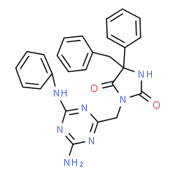 ChemSpider 2D Image | 3-[(4-Amino-6-anilino-1,3,5-triazin-2-yl)methyl]-5-benzyl-5-phenyl-2,4-imidazolidinedione | C26H23N7O2