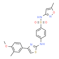 ChemSpider 2D Image | 4-{[4-(4-Methoxy-3-methylphenyl)-1,3-thiazol-2-yl]amino}-N-(5-methyl-1,2-oxazol-3-yl)benzenesulfonamide | C21H20N4O4S2