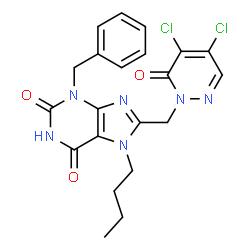 ChemSpider 2D Image | 3-Benzyl-7-butyl-8-[(4,5-dichloro-6-oxo-1(6H)-pyridazinyl)methyl]-3,7-dihydro-1H-purine-2,6-dione | C21H20Cl2N6O3