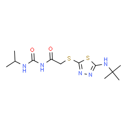 ChemSpider 2D Image | N-(Isopropylcarbamoyl)-2-({5-[(2-methyl-2-propanyl)amino]-1,3,4-thiadiazol-2-yl}sulfanyl)acetamide | C12H21N5O2S2