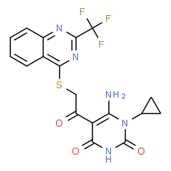 ChemSpider 2D Image | 6-Amino-1-cyclopropyl-5-({[2-(trifluoromethyl)-4-quinazolinyl]sulfanyl}acetyl)-2,4(1H,3H)-pyrimidinedione | C18H14F3N5O3S