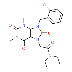 ChemSpider 2D Image | 2-[9-(2-Chlorobenzyl)-1,3-dimethyl-2,6,8-trioxo-1,2,3,6,8,9-hexahydro-7H-purin-7-yl]-N,N-diethylacetamide | C20H24ClN5O4