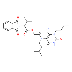 ChemSpider 2D Image | 2-[(6-Amino-1-butyl-2,4-dioxo-1,2,3,4-tetrahydro-5-pyrimidinyl)(3-methylbutyl)amino]-2-oxoethyl 2-(1,3-dioxo-1,3-dihydro-2H-isoindol-2-yl)-3-methylbutanoate | C28H37N5O7