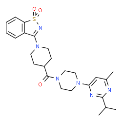 ChemSpider 2D Image | [1-(1,1-Dioxido-1,2-benzothiazol-3-yl)-4-piperidinyl][4-(2-isopropyl-6-methyl-4-pyrimidinyl)-1-piperazinyl]methanone | C25H32N6O3S