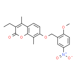 ChemSpider 2D Image | 3-Ethyl-7-[(2-methoxy-5-nitrobenzyl)oxy]-4,8-dimethyl-2H-chromen-2-one | C21H21NO6