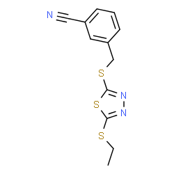 ChemSpider 2D Image | 3-({[5-(Ethylsulfanyl)-1,3,4-thiadiazol-2-yl]sulfanyl}methyl)benzonitrile | C12H11N3S3