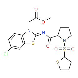 ChemSpider 2D Image | Methyl [(2Z)-6-chloro-2-{[(Z)-1-(tetrahydro-2-thiophenylsulfonyl)prolyl]imino}-1,3-benzothiazol-3(2H)-yl]acetate | C19H22ClN3O5S3