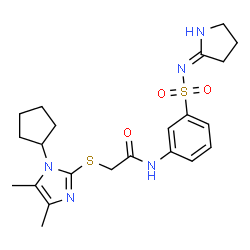 ChemSpider 2D Image | 2-[(1-Cyclopentyl-4,5-dimethyl-1H-imidazol-2-yl)sulfanyl]-N-[3-(3,4-dihydro-2H-pyrrol-5-ylsulfamoyl)phenyl]acetamide | C22H29N5O3S2