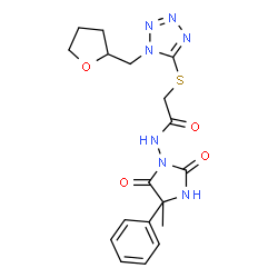 ChemSpider 2D Image | N-(4-Methyl-2,5-dioxo-4-phenyl-1-imidazolidinyl)-2-{[1-(tetrahydro-2-furanylmethyl)-1H-tetrazol-5-yl]sulfanyl}acetamide | C18H21N7O4S