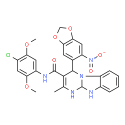 ChemSpider 2D Image | N-(4-Chloro-2,5-dimethoxyphenyl)-2-methyl-4-(6-nitro-1,3-benzodioxol-5-yl)-1,4,10,10a-tetrahydropyrimido[1,2-a]benzimidazole-3-carboxamide | C27H24ClN5O7
