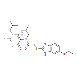 ChemSpider 2D Image | N-(6-Amino-1-isobutyl-2,4-dioxo-1,2,3,4-tetrahydro-5-pyrimidinyl)-2-[(5-ethoxy-1H-benzimidazol-2-yl)sulfanyl]-N-isobutylacetamide | C23H32N6O4S