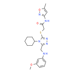 ChemSpider 2D Image | 2-[(4-Cyclohexyl-5-{[(3-methoxyphenyl)amino]methyl}-4H-1,2,4-triazol-3-yl)sulfanyl]-N-(5-methyl-1,2-oxazol-3-yl)acetamide | C22H28N6O3S