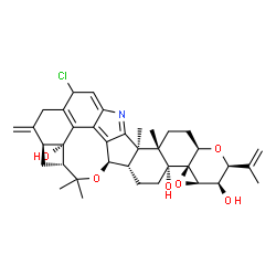 ChemSpider 2D Image | (2S,3R,3aR,4aS,4bR,6aS,7R,7dS,8R,9aS,14bR,14cS,16aR)-12-Chloro-2-isopropenyl-14b,14c,17,17-tetramethyl-10-methylene-3,3a,6,6a,7,8,9,9a,10,11,12,14b,14c,15,16,16a-hexadecahydro-2H,4bH-7,8-(epoxymethano
)cyclobuta[5,6]benzo[1,2-e]oxireno[4',4a']chromeno[5',6':6,7]indeno[1,2-b]indole-3,4b,7d(5H)-triol | C37H44ClNO6