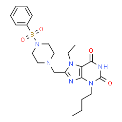 ChemSpider 2D Image | 3-Butyl-7-ethyl-8-{[4-(phenylsulfonyl)-1-piperazinyl]methyl}-3,7-dihydro-1H-purine-2,6-dione | C22H30N6O4S