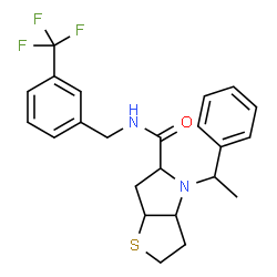ChemSpider 2D Image | 4-(1-Phenylethyl)-N-[3-(trifluoromethyl)benzyl]hexahydro-2H-thieno[3,2-b]pyrrole-5-carboxamide | C23H25F3N2OS