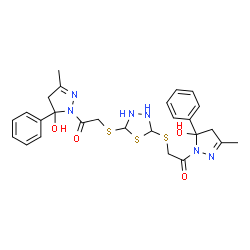 ChemSpider 2D Image | 2,2'-(1,3,4-Thiadiazolidine-2,5-diyldisulfanediyl)bis[1-(5-hydroxy-3-methyl-5-phenyl-4,5-dihydro-1H-pyrazol-1-yl)ethanone] | C26H30N6O4S3