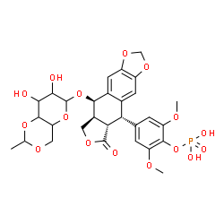 ChemSpider 2D Image | 4-{(5S,5aS,8aS,9R)-9-[(4,6-O-Ethylidenehexopyranosyl)oxy]-6-oxo-5,5a,6,8,8a,9-hexahydrofuro[3',4':6,7]naphtho[2,3-d][1,3]dioxol-5-yl}-2,6-dimethoxyphenyl dihydrogen phosphate | C29H33O16P