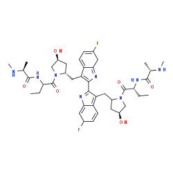 ChemSpider 2D Image | (2S)-N-[(2R)-1-{(4S)-2-[(6,6'-Difluoro-3'-{[(2S,4S)-4-hydroxy-1-(2-{[(2S)-2-(methylamino)propanoyl]amino}butanoyl)-2-pyrrolidinyl]methyl}-6H,7'H-2,2'-biindol-3-yl)methyl]-4-hydroxy-1-pyrrolidinyl}-1-o
xo-2-butanyl]-2-(methylamino)propanamide (non-preferred name) | C42H56F2N8O6