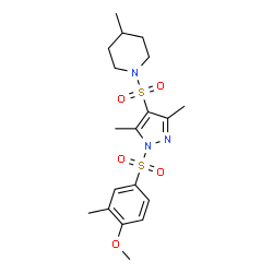 ChemSpider 2D Image | 1-({1-[(4-Methoxy-3-methylphenyl)sulfonyl]-3,5-dimethyl-1H-pyrazol-4-yl}sulfonyl)-4-methylpiperidine | C19H27N3O5S2