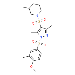 ChemSpider 2D Image | 1-({1-[(4-Methoxy-3-methylphenyl)sulfonyl]-3,5-dimethyl-1H-pyrazol-4-yl}sulfonyl)-3-methylpiperidine | C19H27N3O5S2