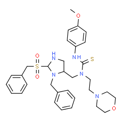 ChemSpider 2D Image | 1-{[3-Benzyl-2-(benzylsulfonyl)-4-imidazolidinyl]methyl}-3-(4-methoxyphenyl)-1-[2-(4-morpholinyl)ethyl]thiourea | C32H41N5O4S2