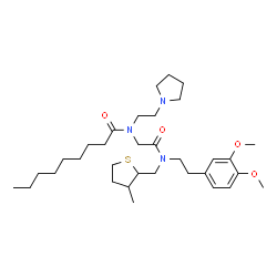ChemSpider 2D Image | 2,5-Anhydro-1,3,4-trideoxy-1-{[2-(3,4-dimethoxyphenyl)ethyl]({nonanoyl[2-(1-pyrrolidinyl)ethyl]amino}acetyl)amino}-3-methyl-2-thiopentitol | C33H55N3O4S