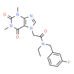 ChemSpider 2D Image | 2-(1,3-Dimethyl-2,6-dioxo-1,2,3,6-tetrahydro-7H-purin-7-yl)-N-ethyl-N-(3-fluorobenzyl)acetamide | C18H20FN5O3