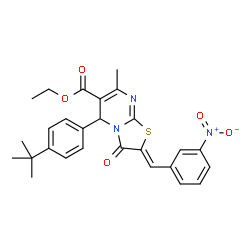 ChemSpider 2D Image | Ethyl (2Z)-7-methyl-5-[4-(2-methyl-2-propanyl)phenyl]-2-(3-nitrobenzylidene)-3-oxo-2,3-dihydro-5H-[1,3]thiazolo[3,2-a]pyrimidine-6-carboxylate | C27H27N3O5S