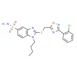 ChemSpider 2D Image | 1-Butyl-2-({[3-(2-chlorophenyl)-1,2,4-oxadiazol-5-yl]methyl}sulfanyl)-1H-benzimidazole-5-sulfonamide | C20H20ClN5O3S2