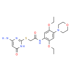 ChemSpider 2D Image | 2-[(4-Amino-6-oxo-1,6-dihydro-2-pyrimidinyl)sulfanyl]-N-[2,5-diethoxy-4-(4-morpholinyl)phenyl]acetamide | C20H27N5O5S