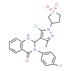 ChemSpider 2D Image | 2-[5-Chloro-1-(1,1-dioxidotetrahydro-3-thiophenyl)-3-methyl-1H-pyrazol-4-yl]-3-(4-fluorophenyl)-2,3-dihydro-4(1H)-quinazolinone | C22H20ClFN4O3S