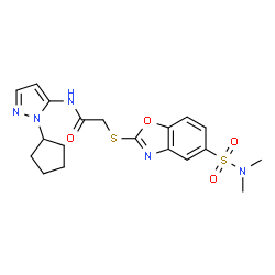 ChemSpider 2D Image | N-(1-Cyclopentyl-1H-pyrazol-5-yl)-2-{[5-(dimethylsulfamoyl)-1,3-benzoxazol-2-yl]sulfanyl}acetamide | C19H23N5O4S2