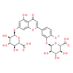 ChemSpider 2D Image | 5-[7-(alpha-D-Glucopyranuronosyloxy)-5-hydroxy-4-oxo-4H-chromen-2-yl]-2-methoxyphenyl alpha-D-glucopyranosiduronic acid | C28H28O18