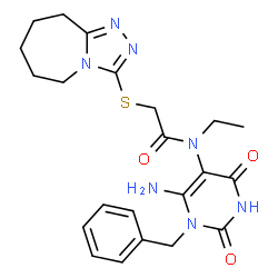 ChemSpider 2D Image | N-(6-Amino-1-benzyl-2,4-dioxo-1,2,3,4-tetrahydro-5-pyrimidinyl)-N-ethyl-2-(6,7,8,9-tetrahydro-5H-[1,2,4]triazolo[4,3-a]azepin-3-ylsulfanyl)acetamide | C22H27N7O3S