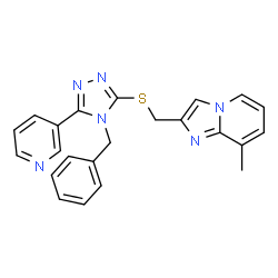 ChemSpider 2D Image | 2-({[4-Benzyl-5-(3-pyridinyl)-4H-1,2,4-triazol-3-yl]sulfanyl}methyl)-8-methylimidazo[1,2-a]pyridine | C23H20N6S