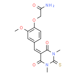 ChemSpider 2D Image | 2-{4-[(1,3-Dimethyl-4,6-dioxo-2-thioxotetrahydro-5(2H)-pyrimidinylidene)methyl]-2-methoxyphenoxy}acetamide | C16H17N3O5S