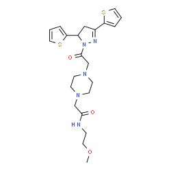 ChemSpider 2D Image | 2-(4-{2-[3,5-Di(2-thienyl)-4,5-dihydro-1H-pyrazol-1-yl]-2-oxoethyl}-1-piperazinyl)-N-(2-methoxyethyl)acetamide | C22H29N5O3S2