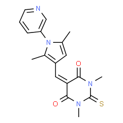ChemSpider 2D Image | 5-{[2,5-Dimethyl-1-(3-pyridinyl)-1H-pyrrol-3-yl]methylene}-1,3-dimethyl-2-thioxodihydro-4,6(1H,5H)-pyrimidinedione | C18H18N4O2S