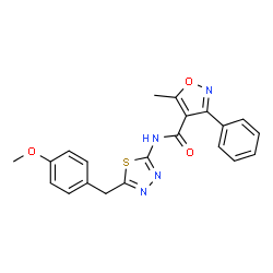 ChemSpider 2D Image | N-[5-(4-Methoxybenzyl)-1,3,4-thiadiazol-2-yl]-5-methyl-3-phenyl-1,2-oxazole-4-carboxamide | C21H18N4O3S