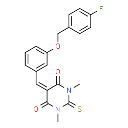 ChemSpider 2D Image | 5-{3-[(4-Fluorobenzyl)oxy]benzylidene}-1,3-dimethyl-2-thioxodihydro-4,6(1H,5H)-pyrimidinedione | C20H17FN2O3S