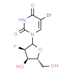 ChemSpider 2D Image | 5-Bromo-1-(2-deoxy-2-fluoro-D-ribofuranosyl)-2,4(1H,3H)-pyrimidinedione | C9H10BrFN2O5