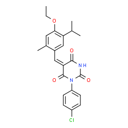 ChemSpider 2D Image | (5E)-1-(4-Chlorophenyl)-5-(4-ethoxy-5-isopropyl-2-methylbenzylidene)-2,4,6(1H,3H,5H)-pyrimidinetrione | C23H23ClN2O4