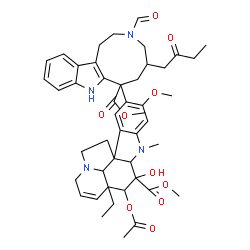 ChemSpider 2D Image | Methyl 4-acetoxy-15-[3-formyl-7-(methoxycarbonyl)-5-(2-oxobutyl)-1,2,3,4,5,6,7,8-octahydroazonino[5,4-b]indol-7-yl]-3-hydroxy-16-methoxy-1-methyl-6,7-didehydroaspidospermidine-3-carboxylate | C46H56N4O10