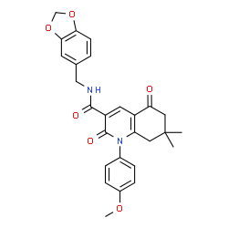 ChemSpider 2D Image | N-(1,3-Benzodioxol-5-ylmethyl)-1-(4-methoxyphenyl)-7,7-dimethyl-2,5-dioxo-1,2,5,6,7,8-hexahydro-3-quinolinecarboxamide | C27H26N2O6