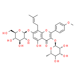 ChemSpider 2D Image | 3-{[(4xi)-6-Deoxy-alpha-L-lyxo-hexopyranosyl]oxy}-5-hydroxy-2-(4-methoxyphenyl)-8-(3-methyl-2-buten-1-yl)-4-oxo-4H-chromen-7-yl beta-D-glucopyranoside | C33H40O15