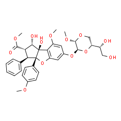 ChemSpider 2D Image | Methyl (1S,2S,3R,3aS,8bR)-6-({(2S,3R,6R)-6-[(1R)-1,2-dihydroxyethyl]-3-methoxy-1,4-dioxan-2-yl}oxy)-1,8b-dihydroxy-8-methoxy-3a-(4-methoxyphenyl)-3-phenyl-2,3,3a,8b-tetrahydro-1H-benzo[b]cyclopenta[d]
furan-2-carboxylate | C34H38O13
