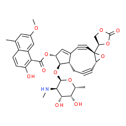 ChemSpider 2D Image | (1aR,5R,6R,6aS,9aR)-6-{[2,6-Dideoxy-2-(methylamino)-alpha-D-galactopyranosyl]oxy}-1a-[(4R)-2-oxo-1,3-dioxolan-4-yl]-2,3,8,9-tetradehydro-1a,5,6,6a,7,9a-hexahydrocyclopenta[5,6]cyclonona[1,2-b]oxiren-5
-yl 2-hydroxy-7-methoxy-5-methyl-1-naphthoate | C35H35NO12