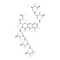 ChemSpider 2D Image | (1S)-5-Deoxy-1-C-[(2S,3S)-7-{[2,6-dideoxy-3-O-(2,6-dideoxy-beta-D-arabino-hexopyranosyl)-beta-D-arabino-hexopyranosyl]oxy}-3-{[2,6-dideoxy-3-C-methyl-beta-D-arabino-hexopyranosyl-(1->3)-2,6-dideoxy-be
ta-D-arabino-hexopyranosyl-(1->3)-2,6-dideoxy-beta-D-arabino-hexopyranosyl]oxy}-5,10-dihydroxy-6-methyl-4-oxo-1,2,3,4-tetrahydro-2-anthracenyl]-1-O-methyl-D-xylulose | C52H76O24